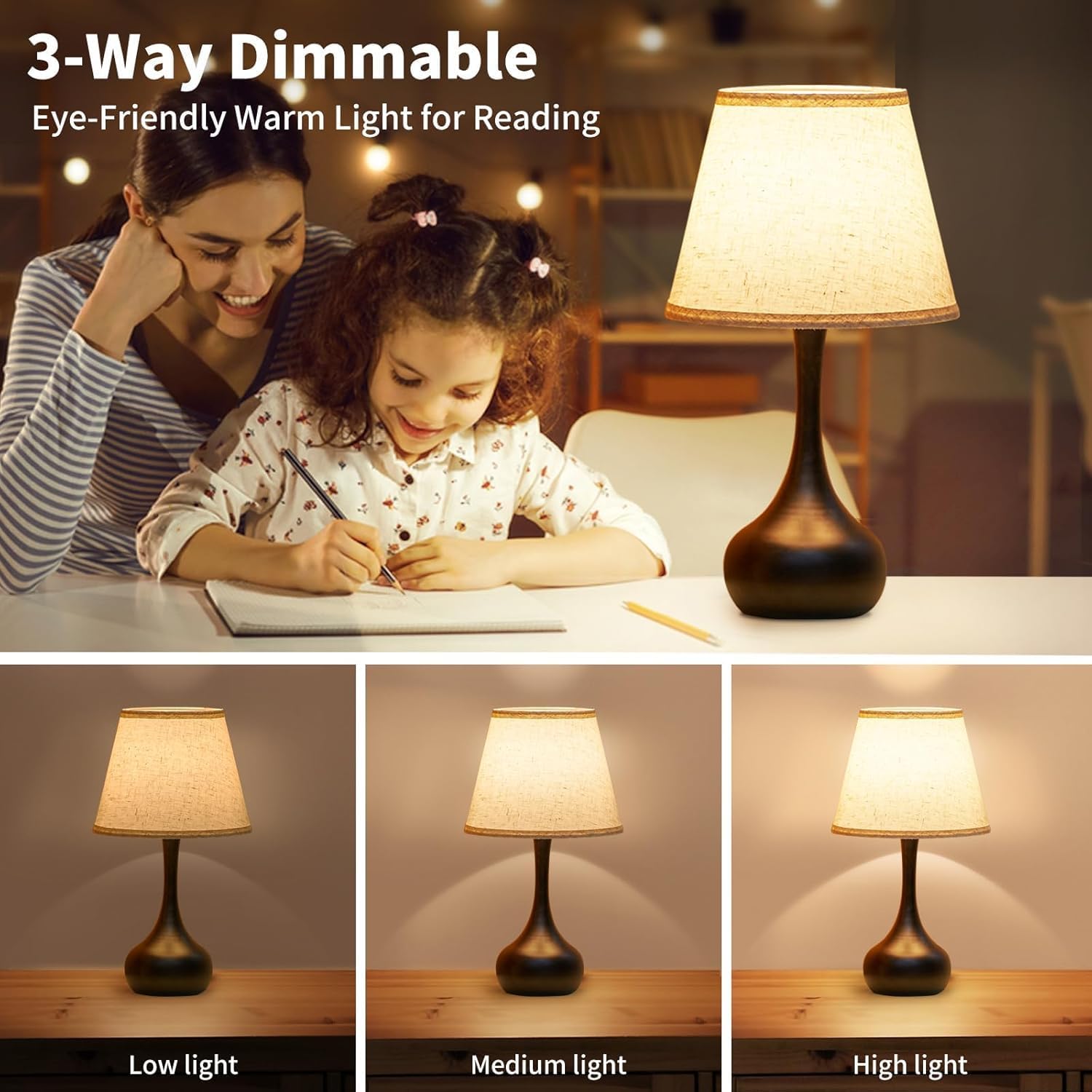Mylind Touch Bedside Table Lamp — 3-Way Dimmable, Fabric Shade, Includes Bulb
