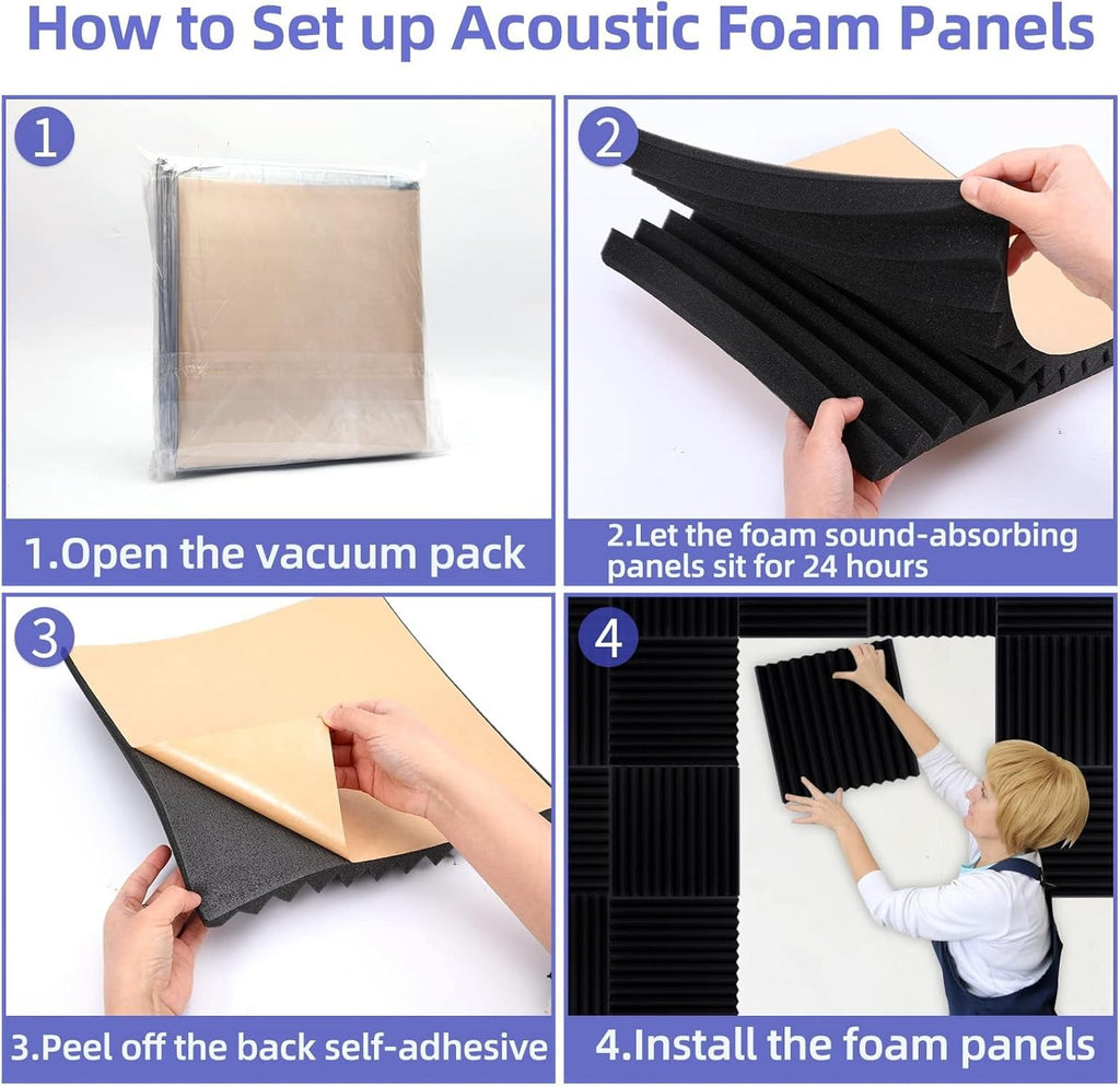 Herbter Acoustic Foam Panels — 24-Pack, Self-Adhesive, Black