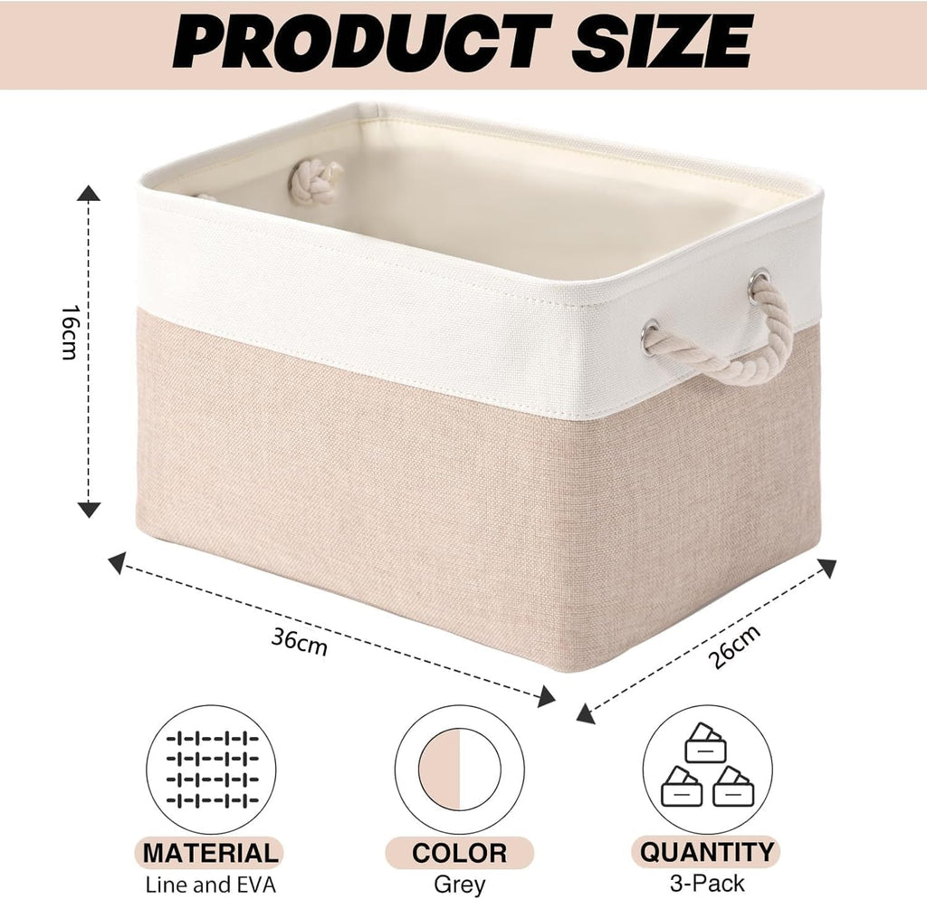 DOKEHOM 3-Piece Foldable Cotton Rope Storage Baskets, White-Khaki