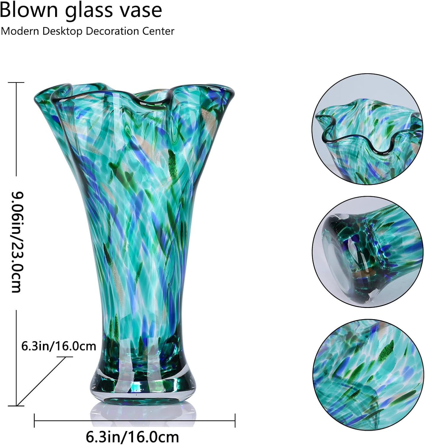 Hand-Blown Teal Glass Vase — 9" Tall, Wide Opening, Decorative Home Accent