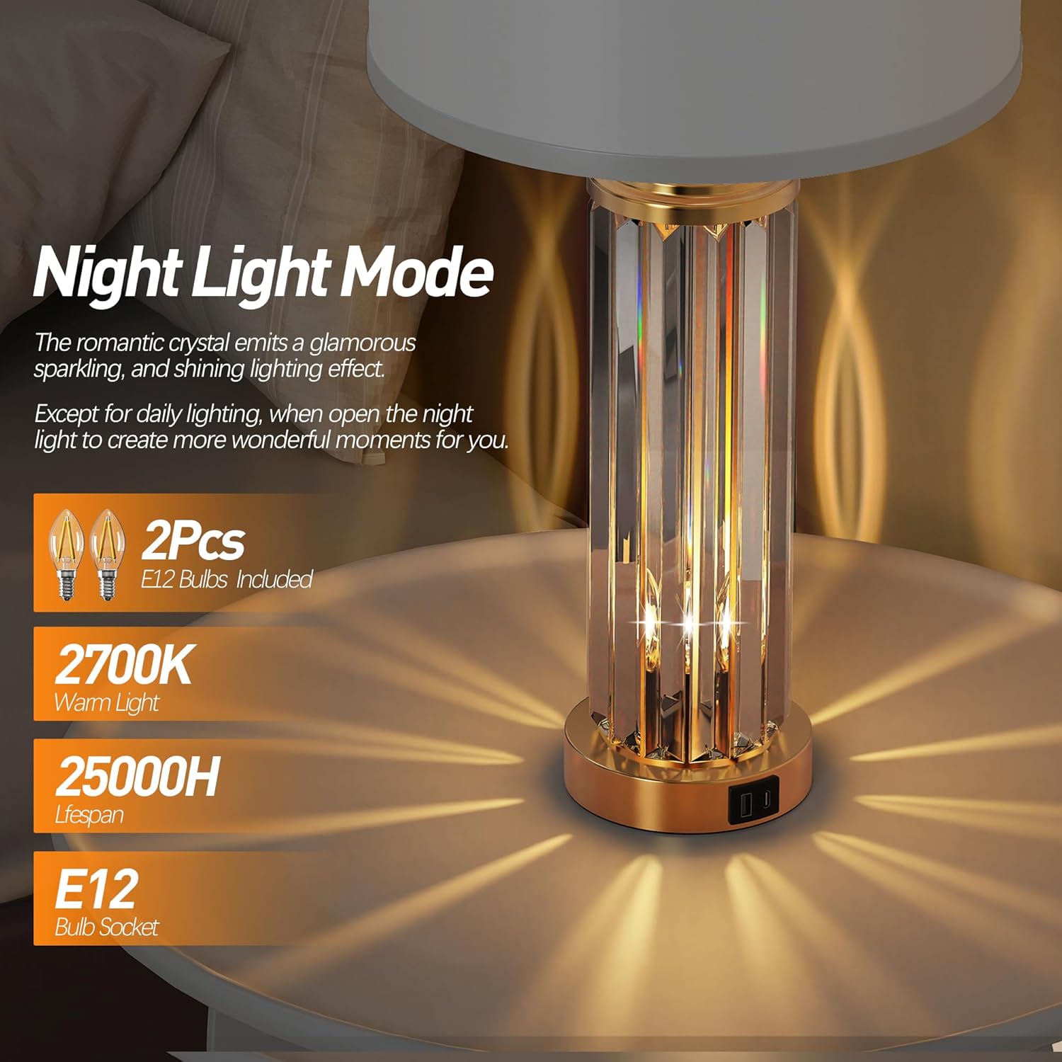 Set of 2 Modern Gold Bedside Table Lamps — with Night Light & USB Ports, White