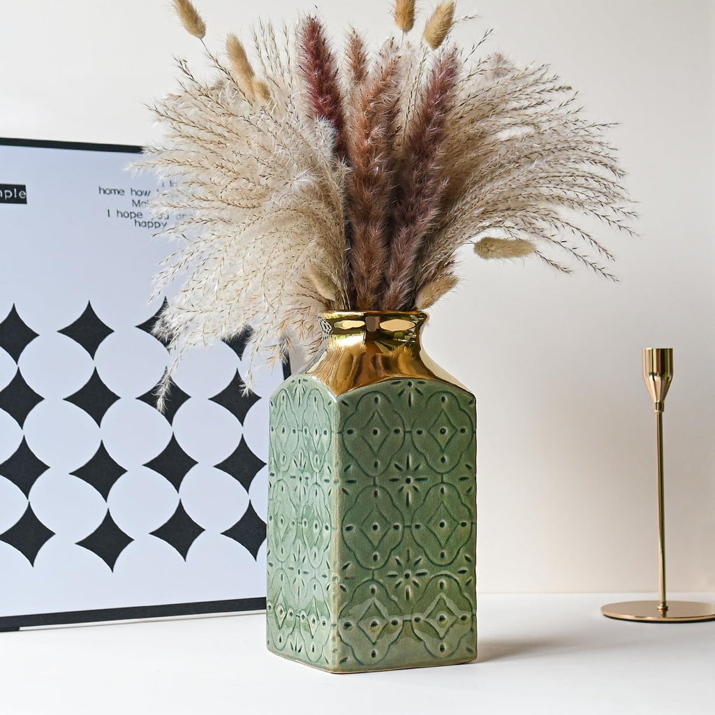 LIZOFER Ceramic Vase Set — 2 Vintage Greenish Gold Pieces, 24cm & 20cm