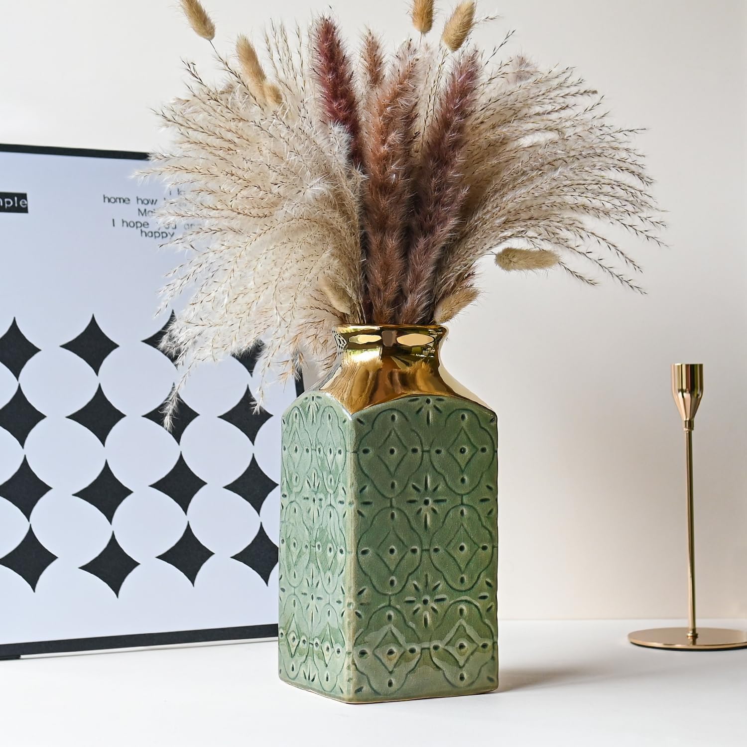 LIZOFER Ceramic Vase Set — 2 Vintage Greenish Gold Pieces, 24cm & 20cm