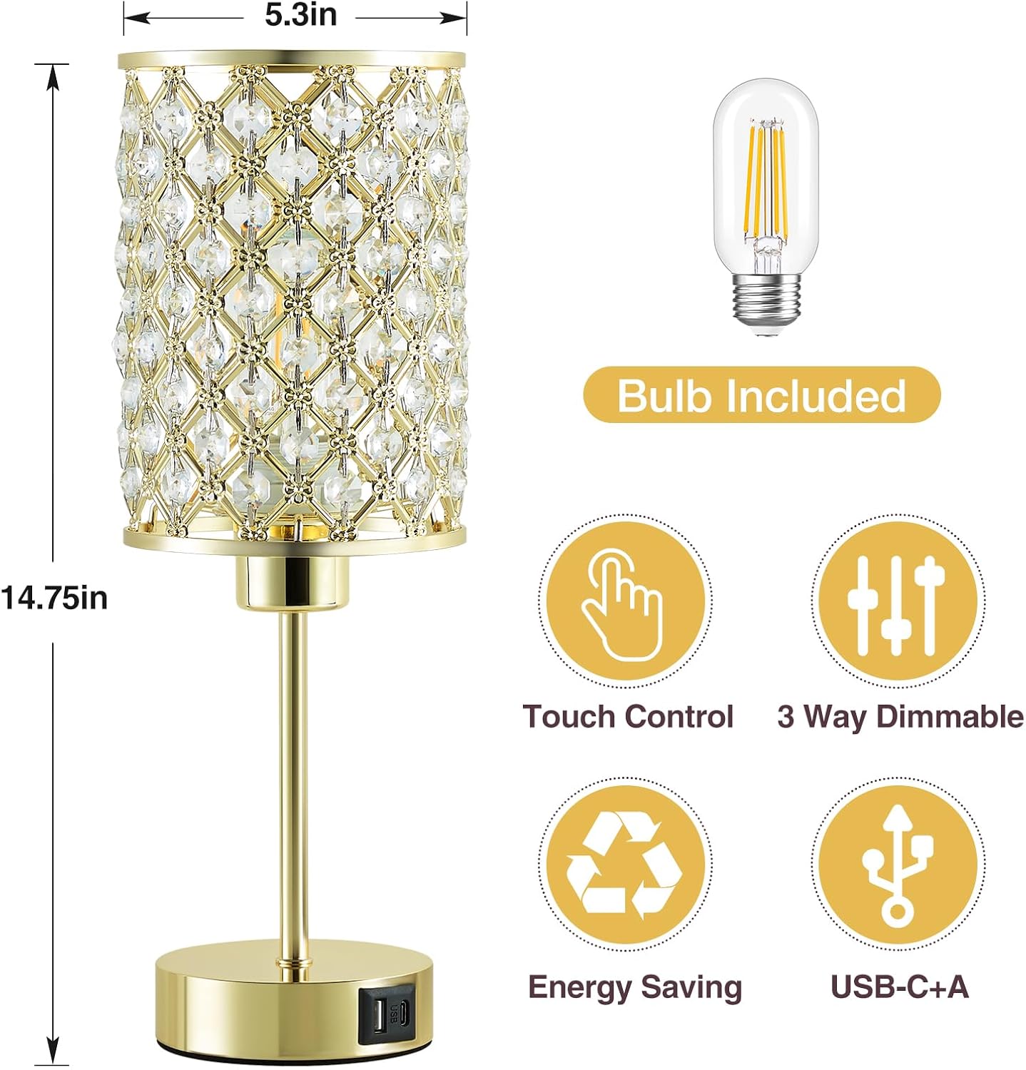Crystal Touch Table Lamp — Gold, 3-Way Dimmable with USB-C & USB-A Ports