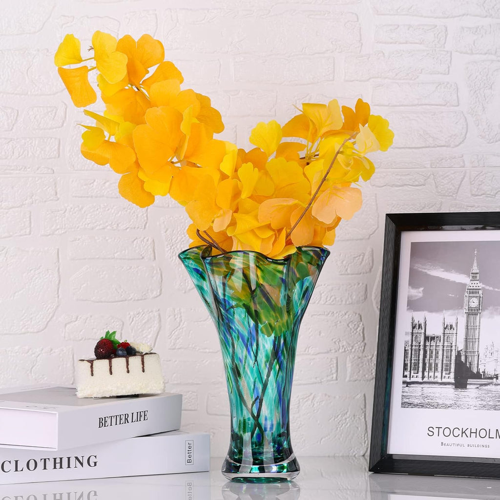 Hand-Blown Teal Glass Vase — 9" Tall, Wide Opening, Decorative Home Accent