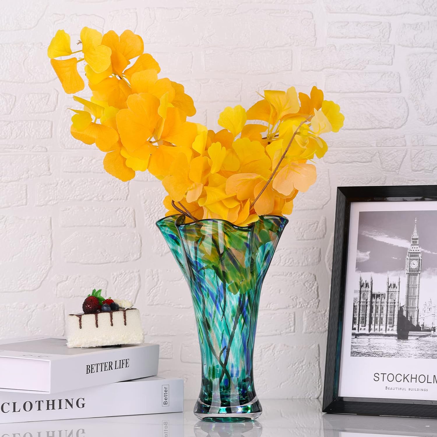 Hand-Blown Teal Glass Vase — 9" Tall, Wide Opening, Decorative Home Accent