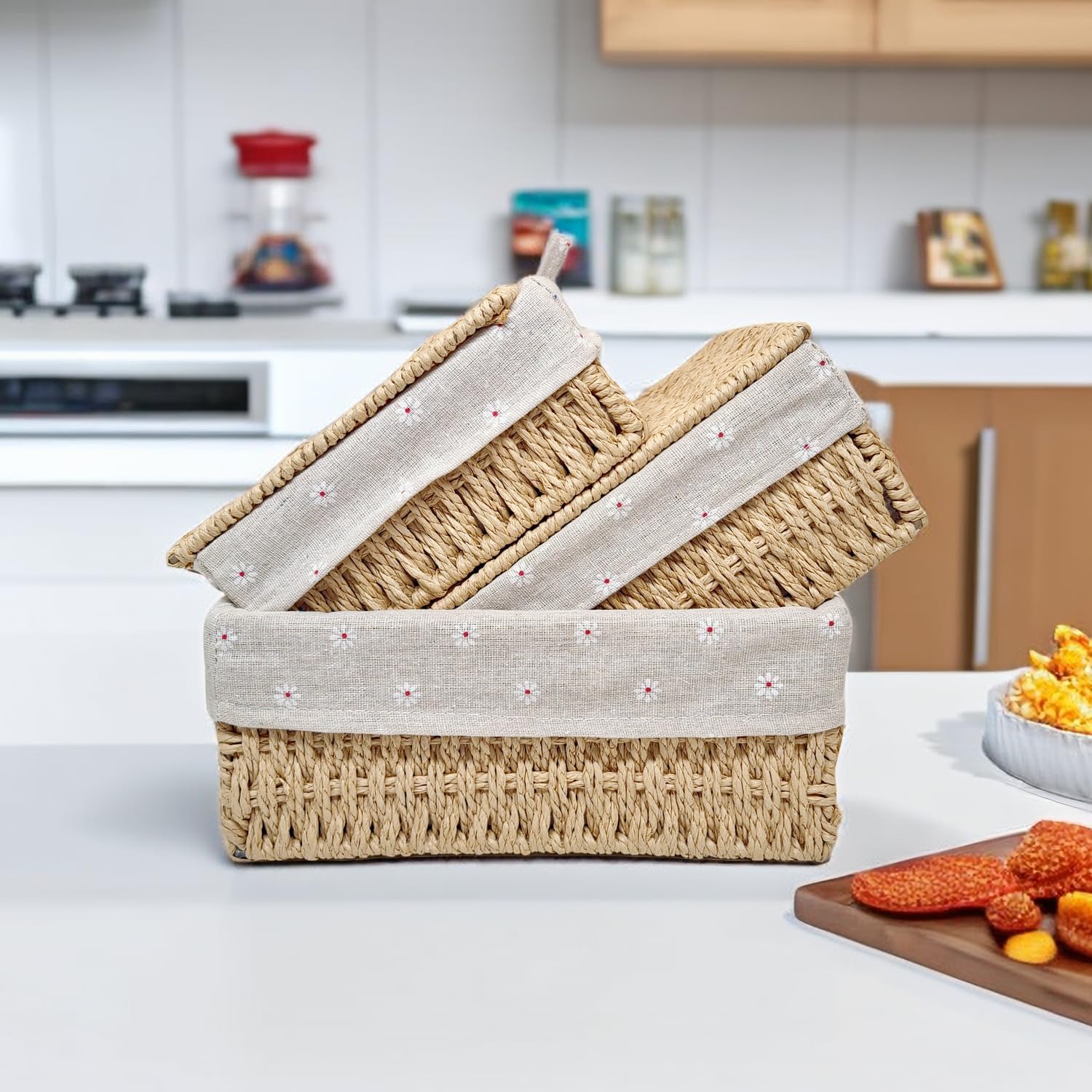 Small Bamboo Storage Baskets with Lids and Liner, Set of 3, Beige