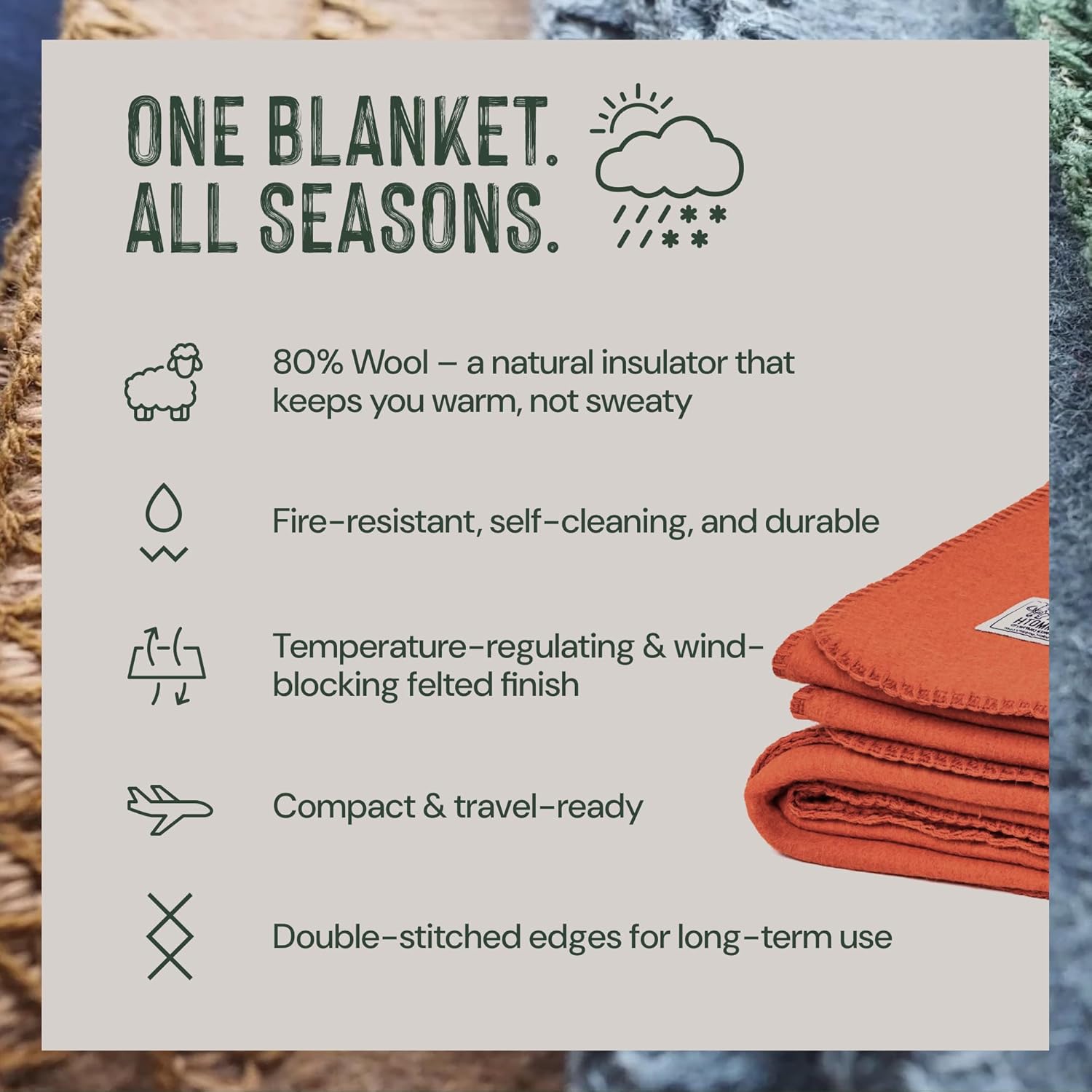 Woolly Mammoth Merino Wool Outdoor Blanket — Large, Orange