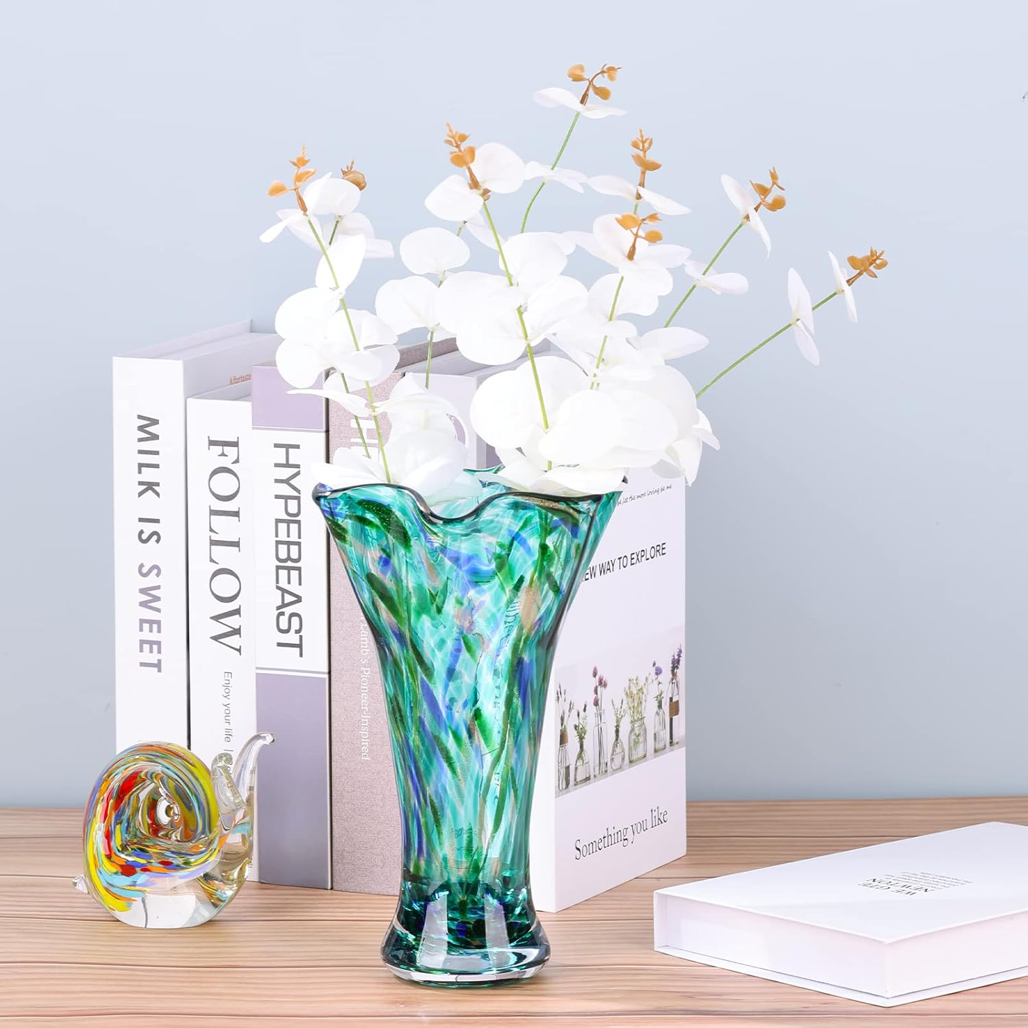 Hand-Blown Teal Glass Vase — 9" Tall, Wide Opening, Decorative Home Accent