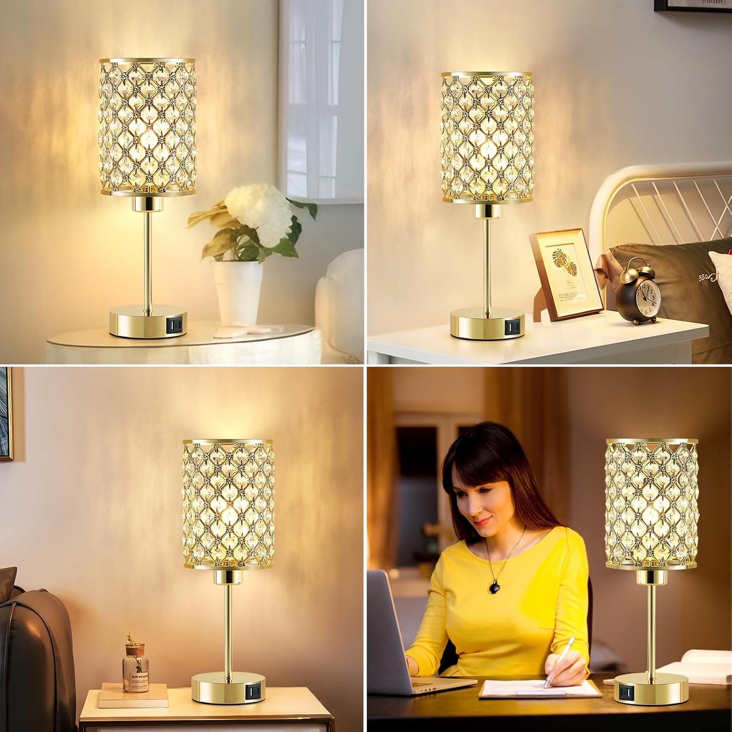 Crystal Touch Table Lamp — Gold, 3-Way Dimmable with USB-C & USB-A Ports