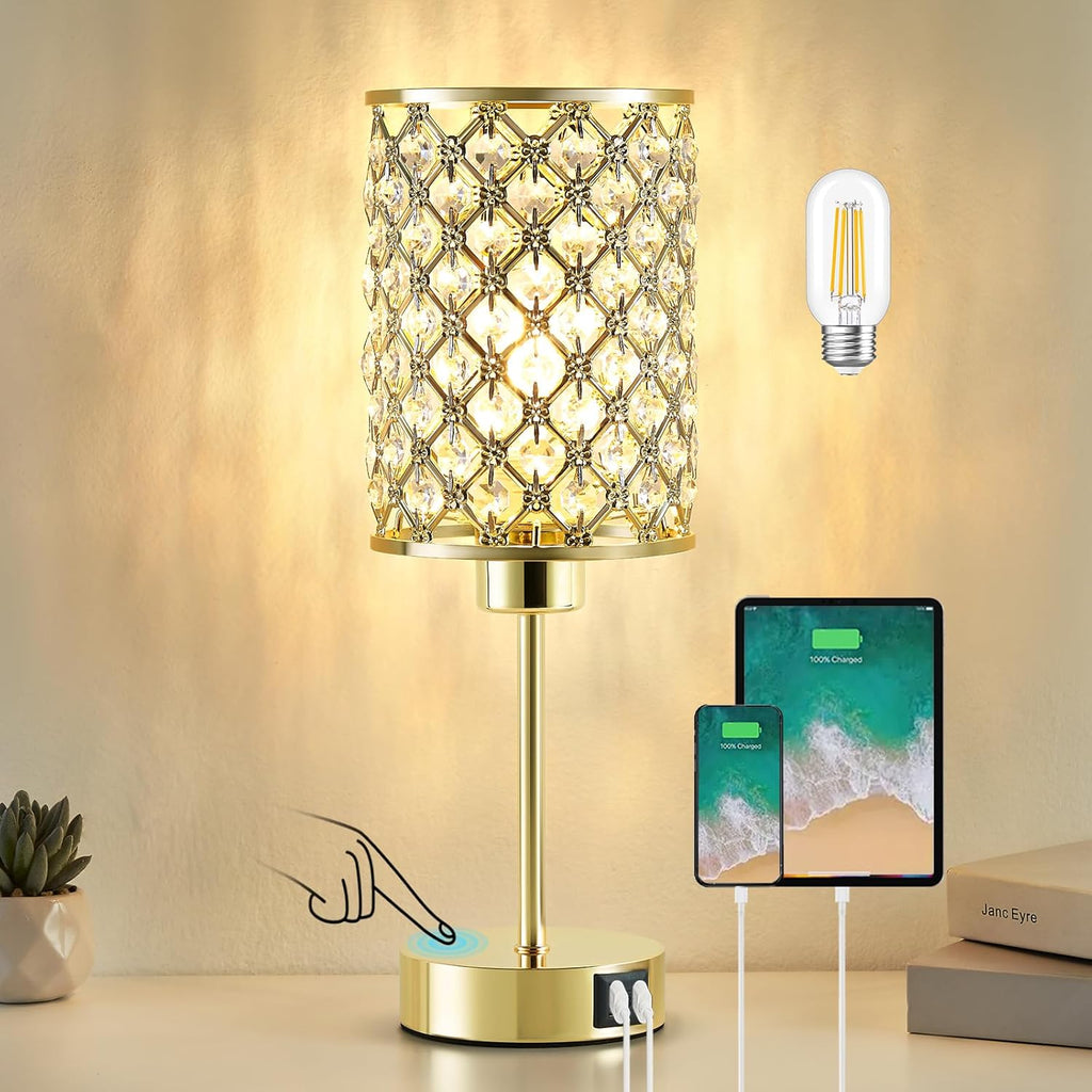 Crystal Touch Table Lamp — Gold, 3-Way Dimmable with USB-C & USB-A Ports