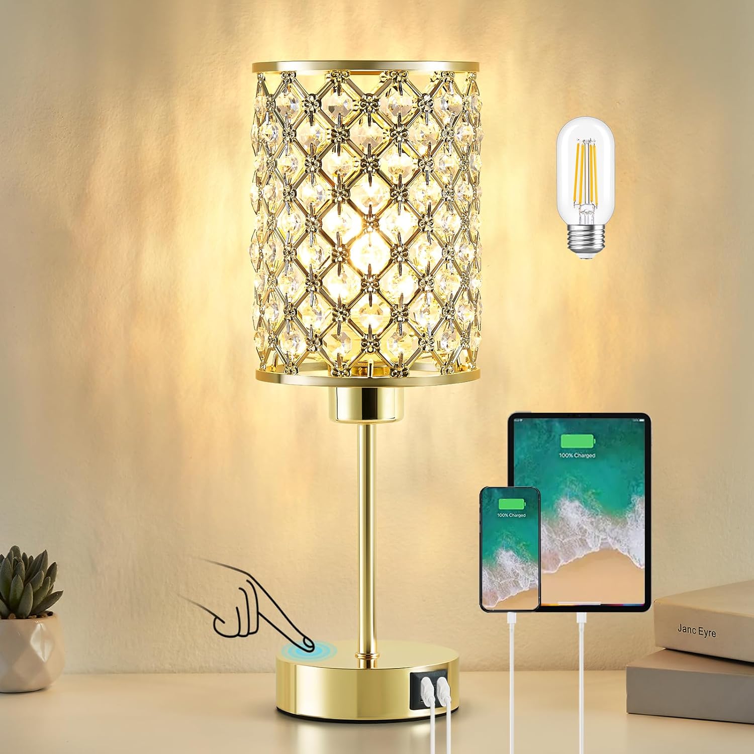 Crystal Touch Table Lamp — Gold, 3-Way Dimmable with USB-C & USB-A Ports