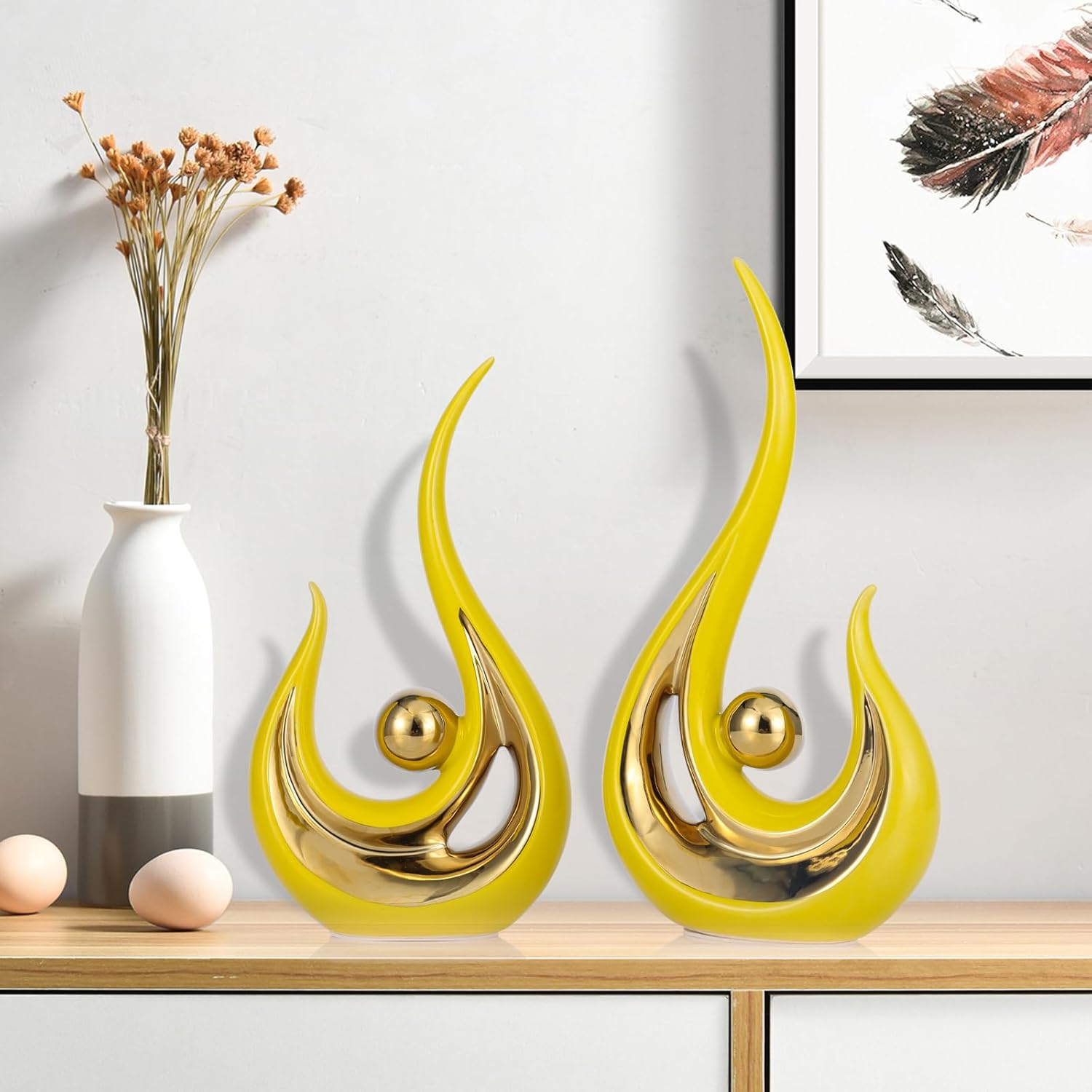 Luxury Yellow & Gold Ceramic Decor Statue — Modern Table & Living Room Accent