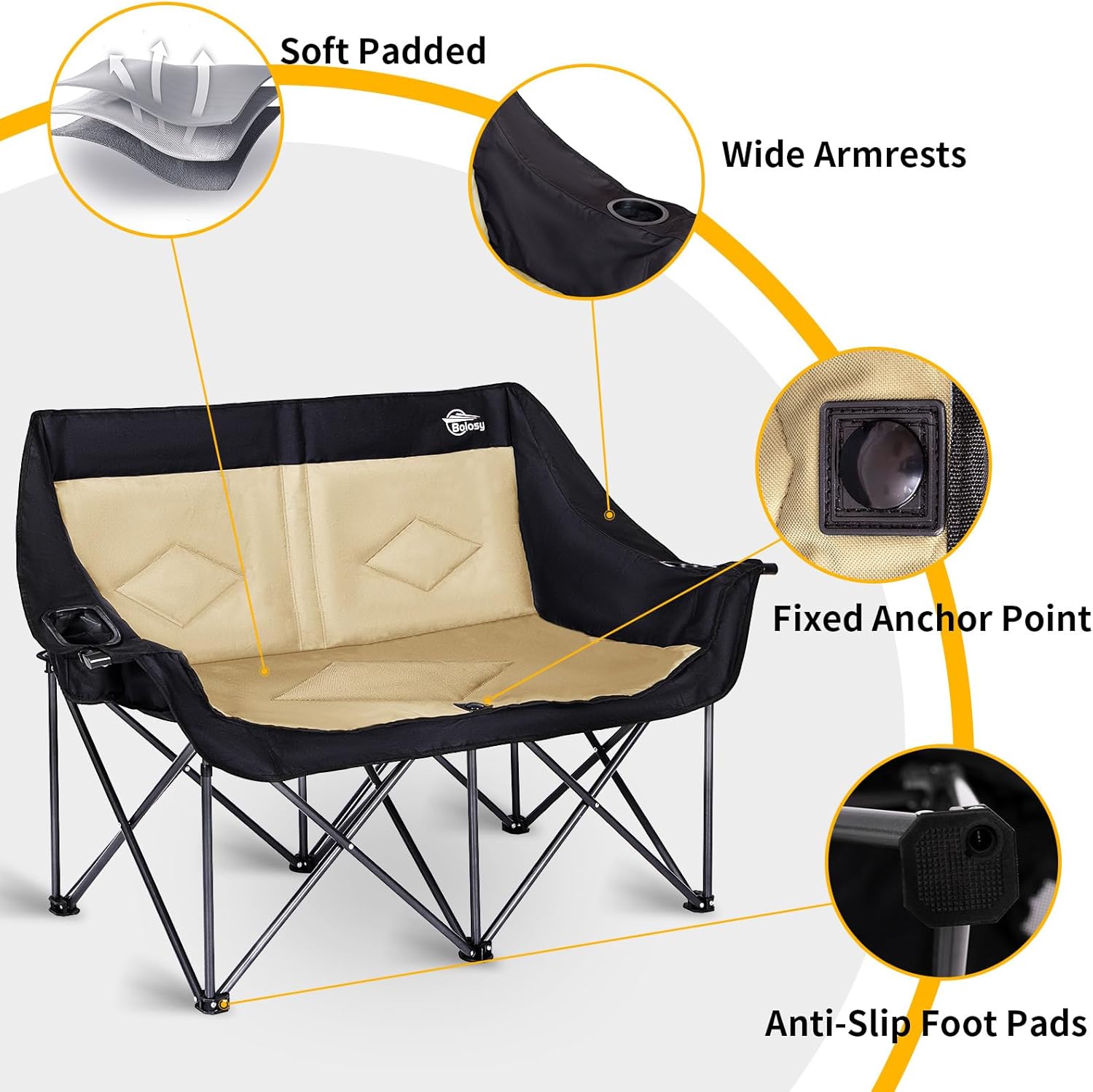 2-Person Folding Camping Loveseat — Heavy Duty, Supports 650 lbs, Beige