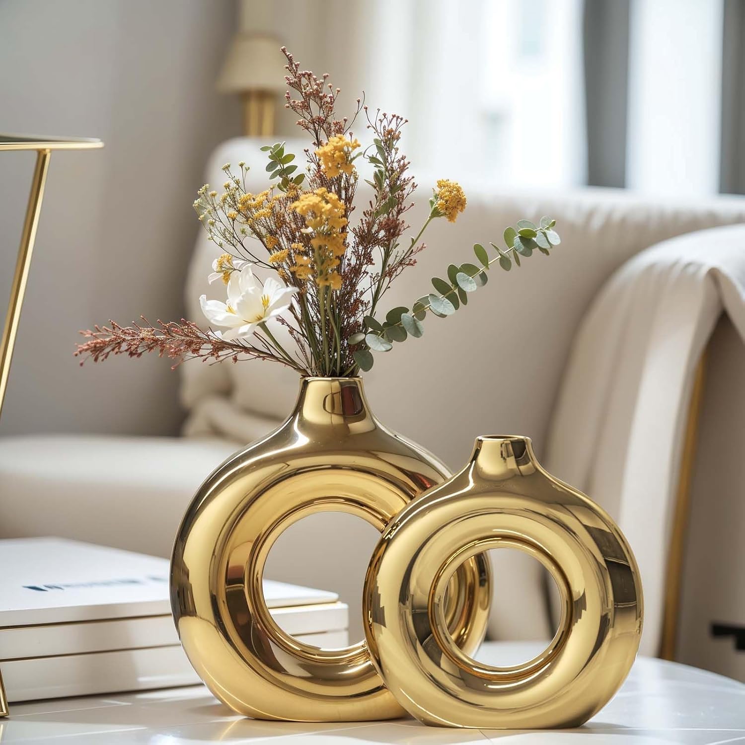 Aozony Gold Ceramic Vase Set — 2-Piece Round Decorative Vases