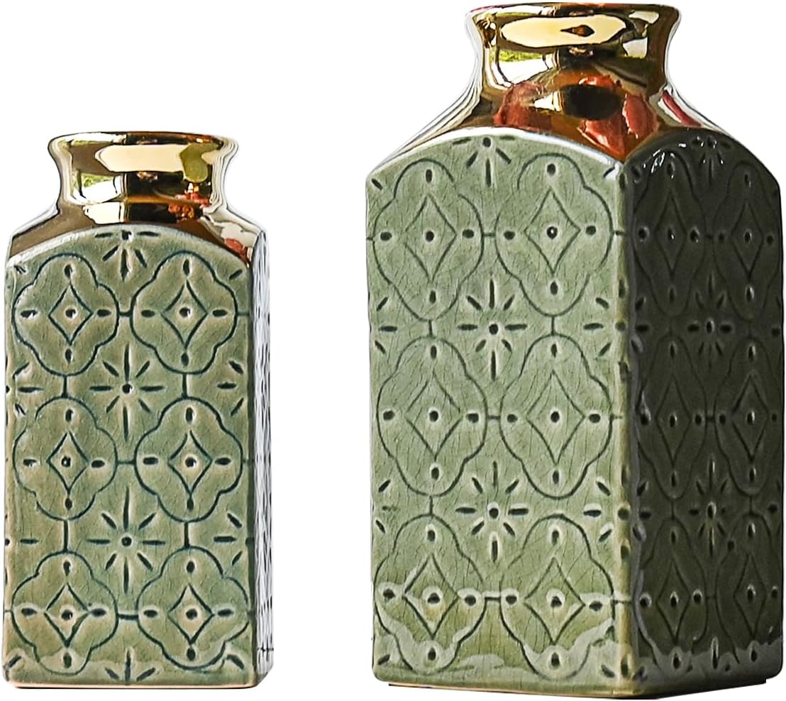LIZOFER Ceramic Vase Set — 2 Vintage Greenish Gold Pieces, 24cm & 20cm