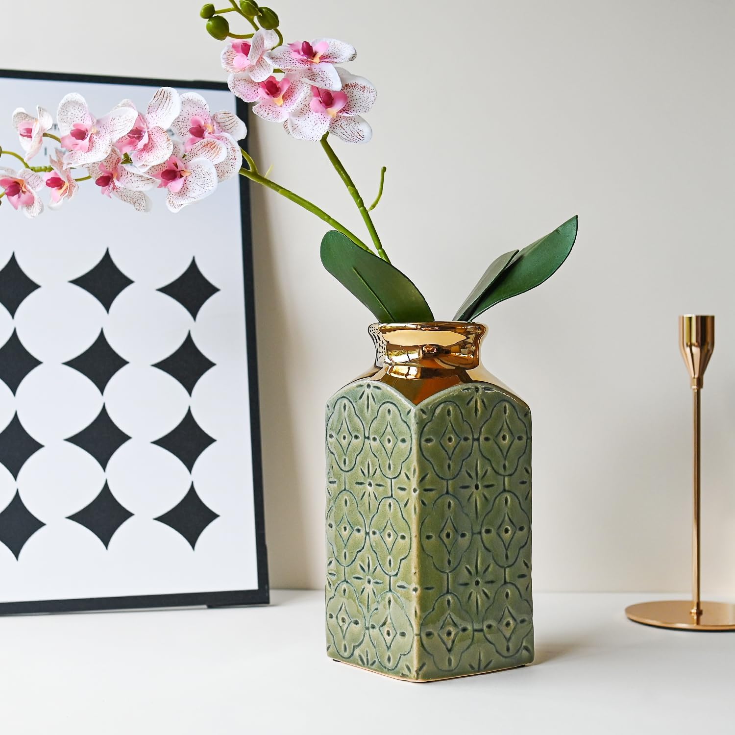 LIZOFER Ceramic Vase Set — 2 Vintage Greenish Gold Pieces, 24cm & 20cm