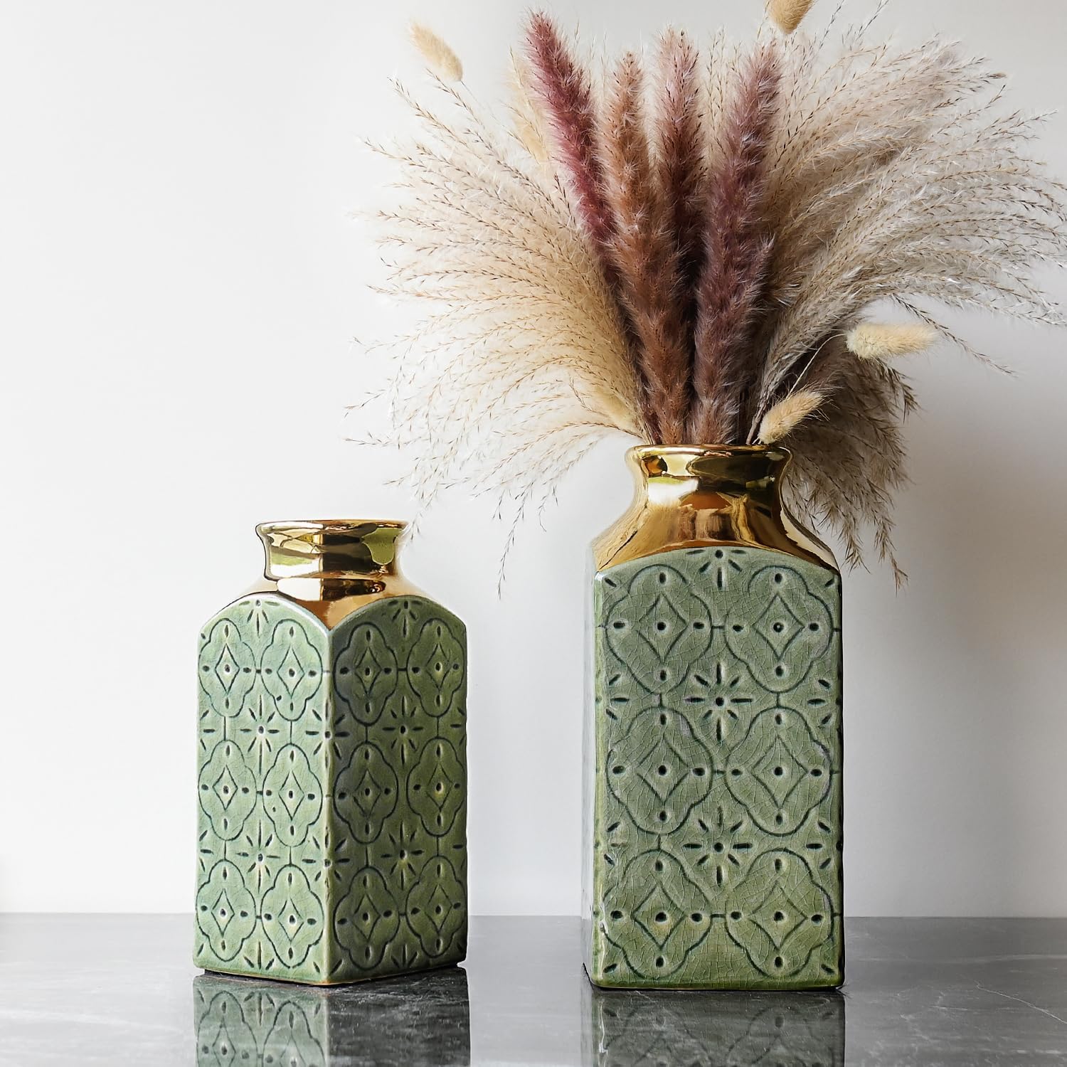 LIZOFER Ceramic Vase Set — 2 Vintage Greenish Gold Pieces, 24cm & 20cm