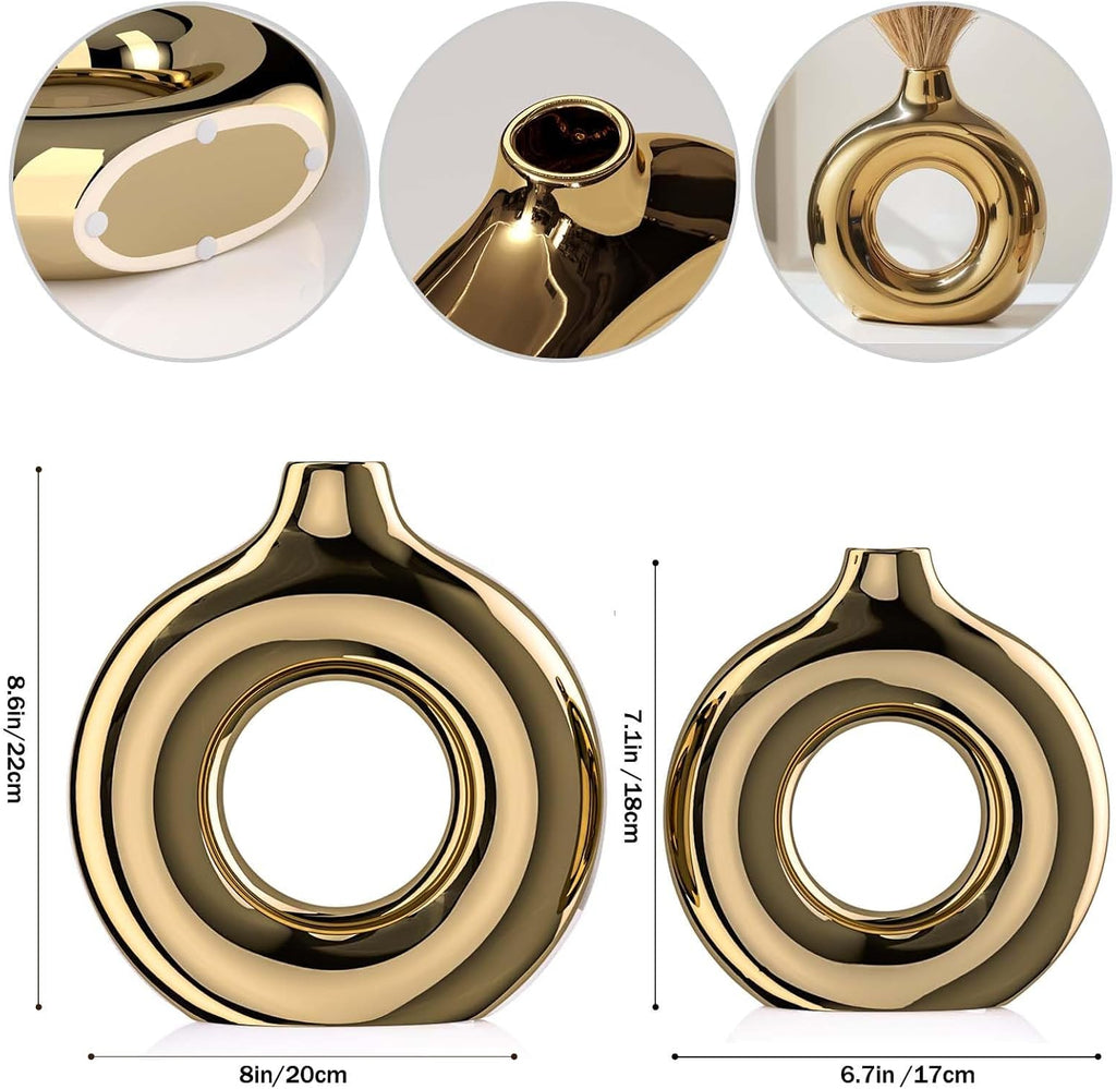 Aozony Gold Ceramic Vase Set — 2-Piece Round Decorative Vases