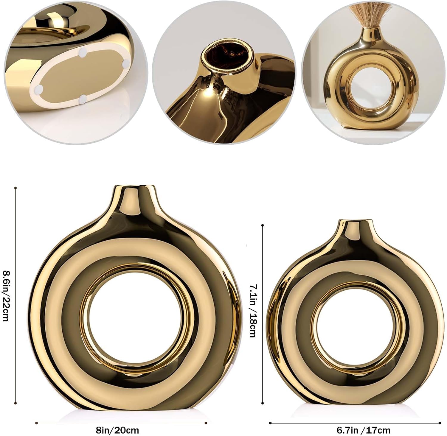 Aozony Gold Ceramic Vase Set — 2-Piece Round Decorative Vases