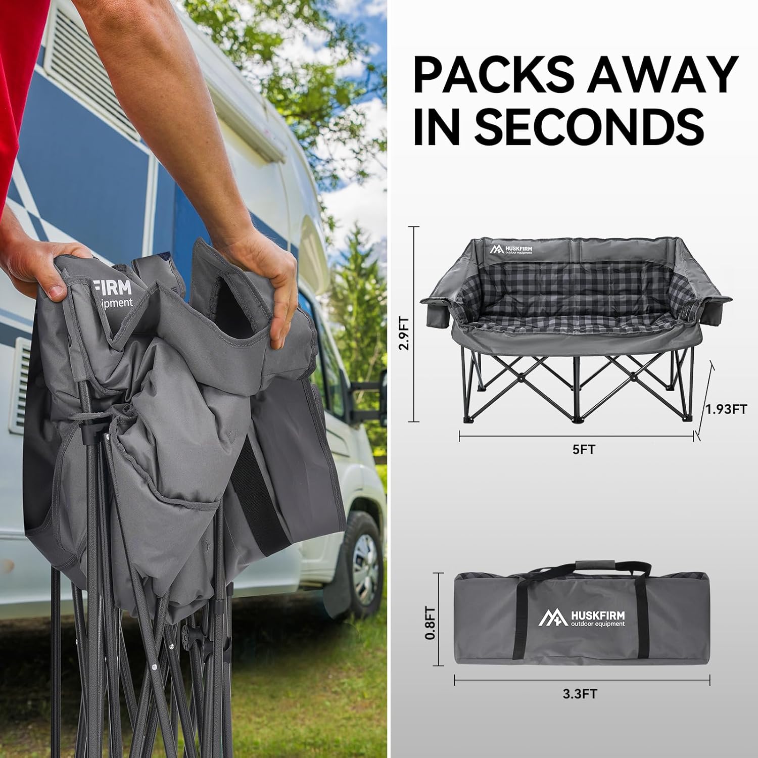 Huskvorm Double Camping Chair — Heavy Duty Padded Loveseat with Cup Holders & Carry Bag, Grey