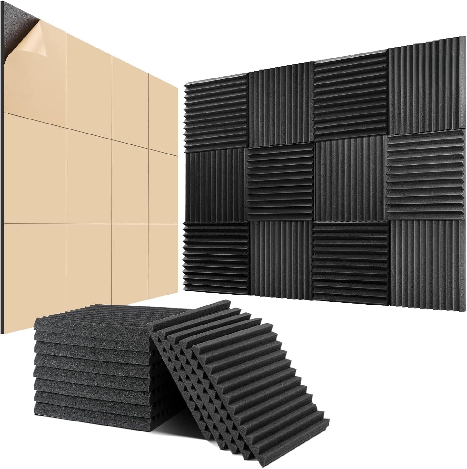 Herbter Acoustic Foam Panels — 24-Pack, Self-Adhesive, Black