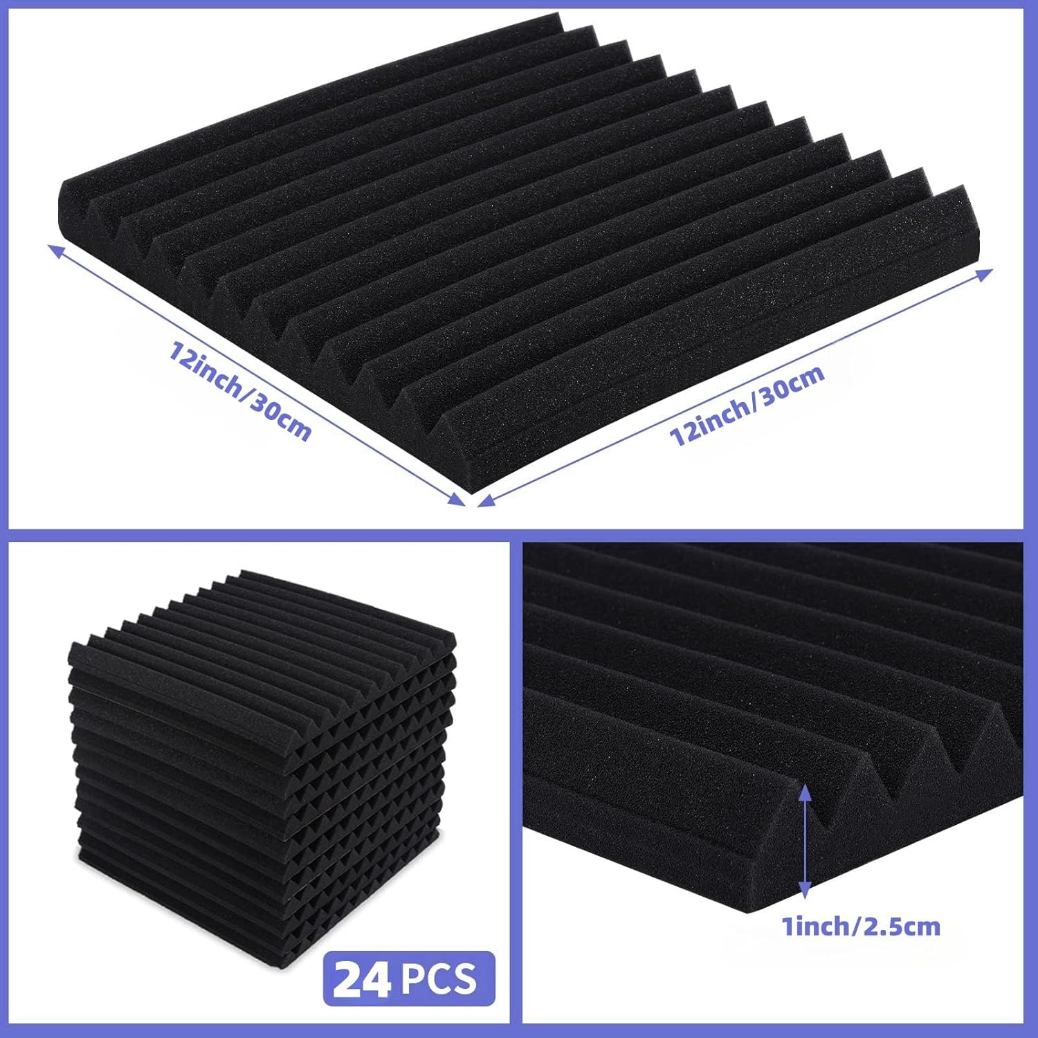 Herbter Acoustic Foam Panels — 24-Pack, Self-Adhesive, Black