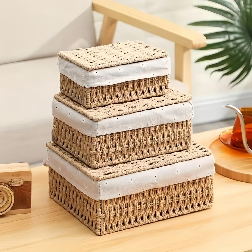Small Bamboo Storage Baskets with Lids and Liner, Set of 3, Beige