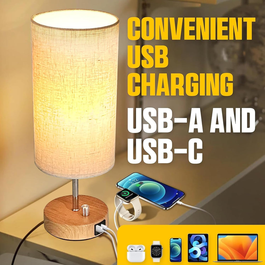 Elegant Bedside Lamp with Wooden Base