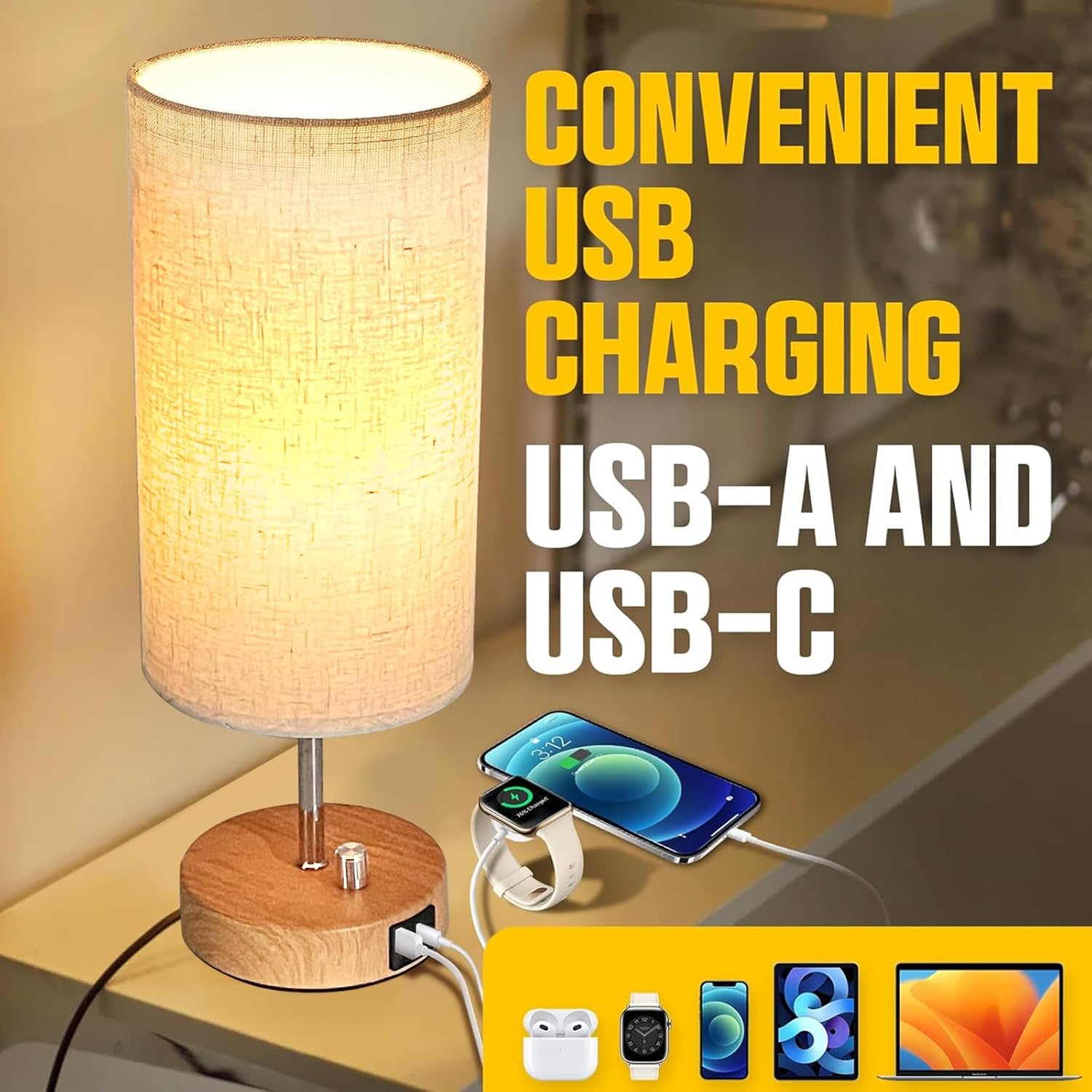 Elegant Bedside Lamp with Wooden Base