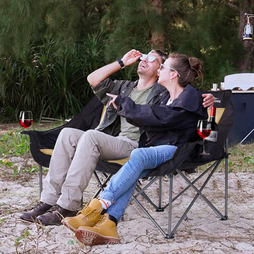 2-Person Folding Camping Loveseat — Heavy Duty, Supports 650 lbs, Beige