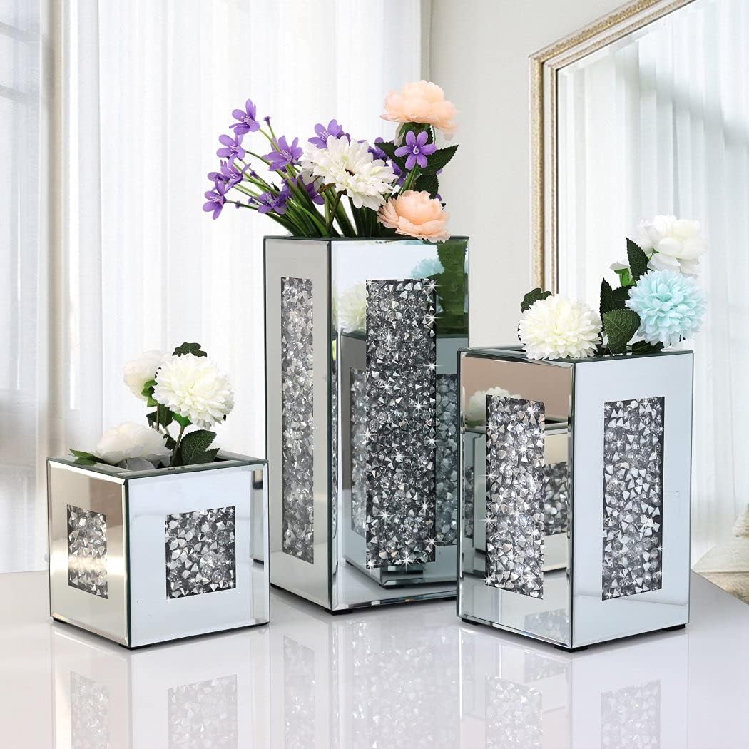 Diamond-Crushed Mirrored Glass Vase — 6"x6"x6", Silver Crystal Decor