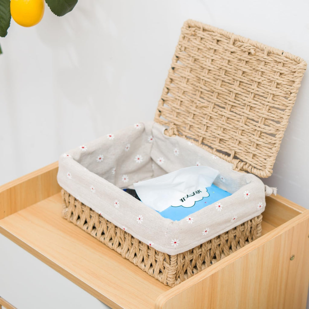 Small Bamboo Storage Baskets with Lids and Liner, Set of 3, Beige