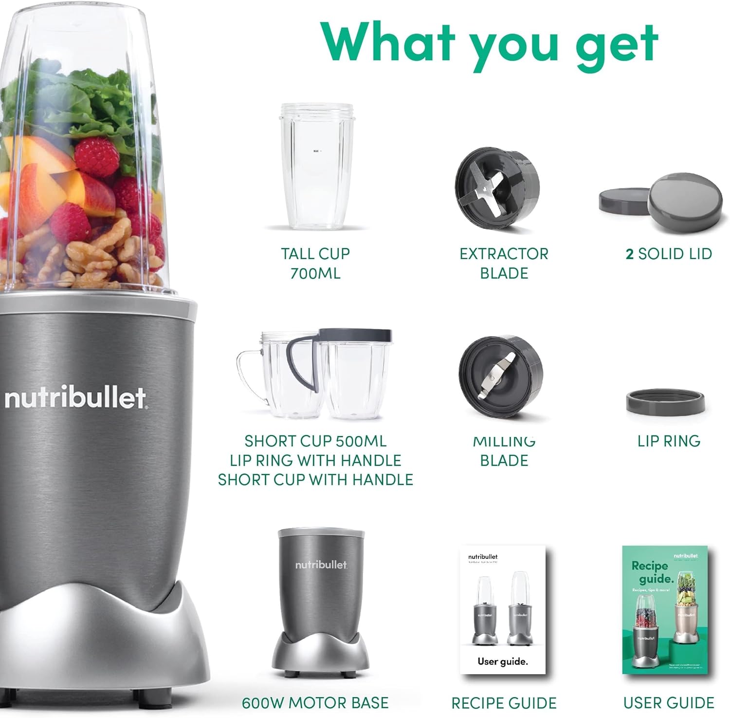 NutriBullet High-Speed Blender — 600W, 9-Piece Set, Gray