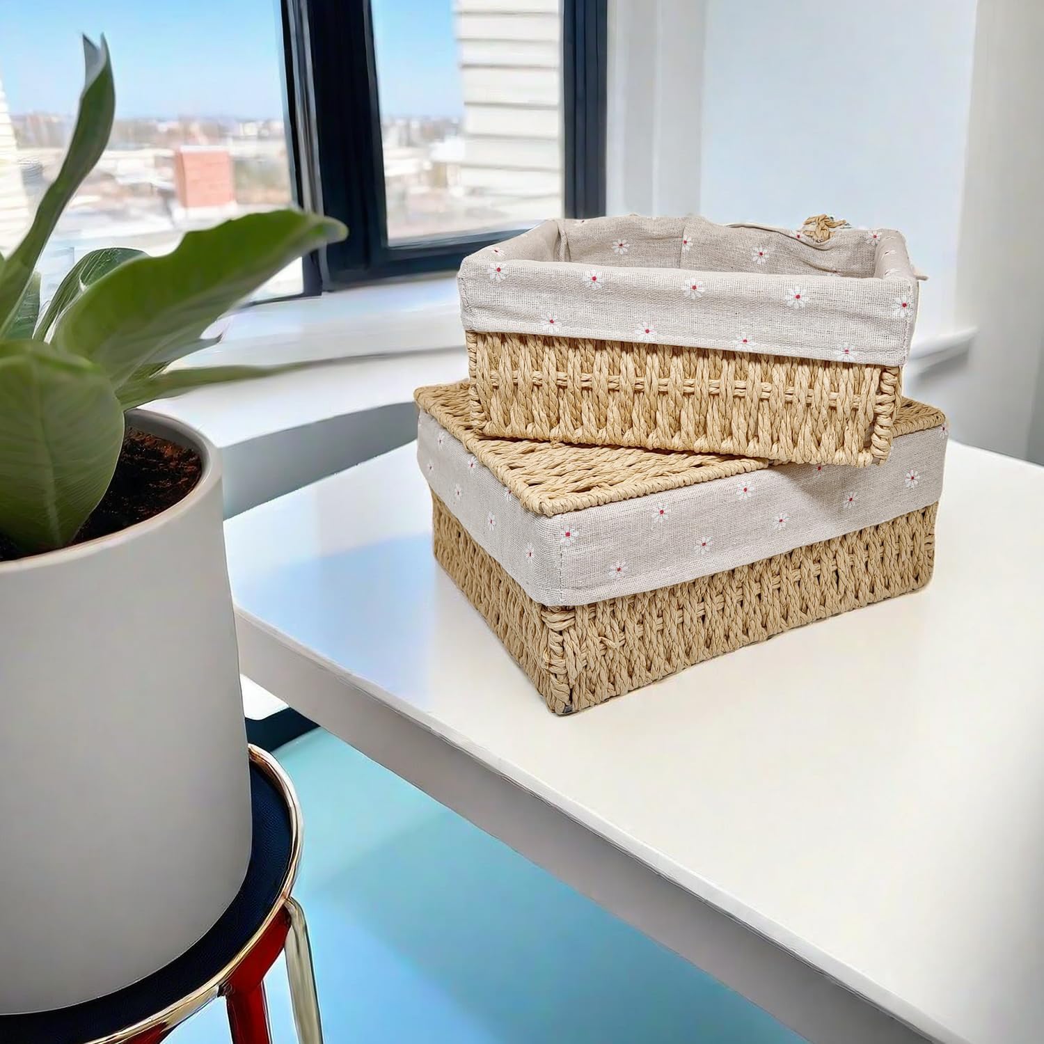 Small Bamboo Storage Baskets with Lids and Liner, Set of 3, Beige