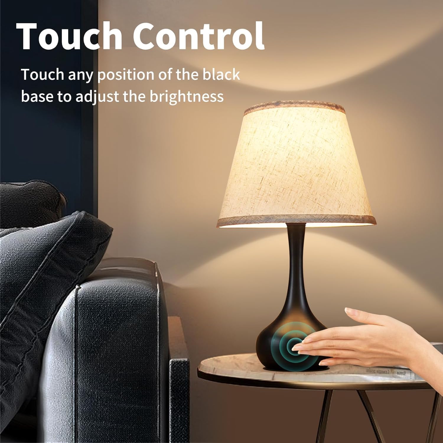 Mylind Touch Bedside Table Lamp — 3-Way Dimmable, Fabric Shade, Includes Bulb