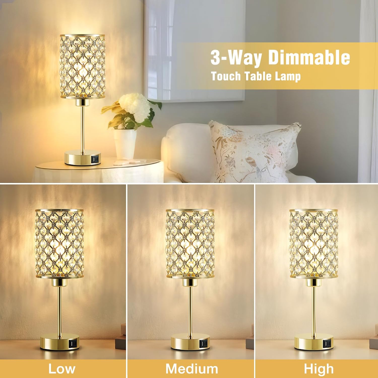Crystal Touch Table Lamp — Gold, 3-Way Dimmable with USB-C & USB-A Ports