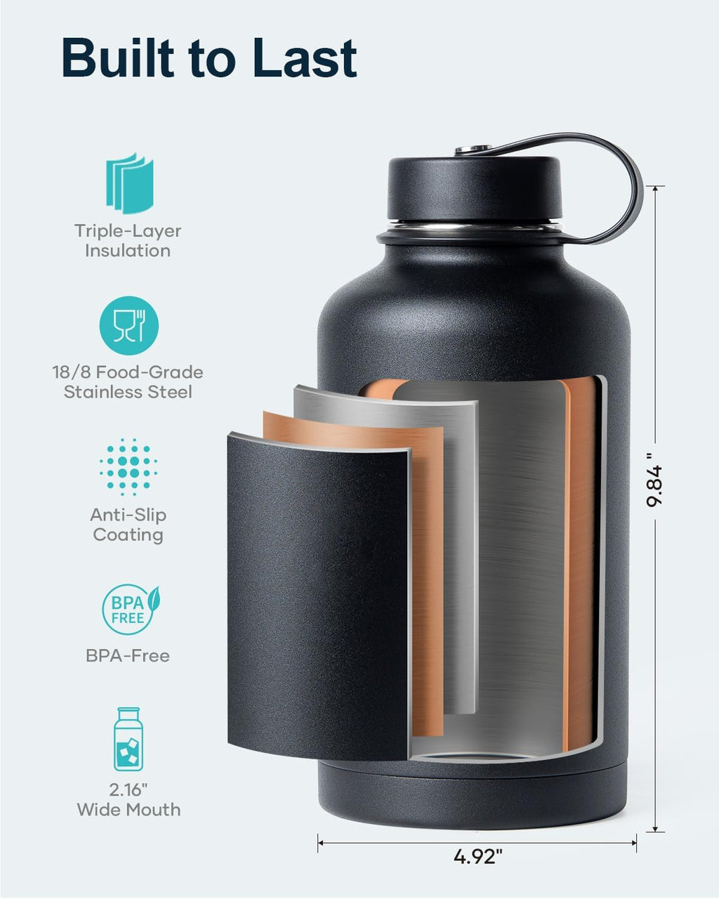 Buzio 1-Gallon Stainless Steel Water Bottle with Straw