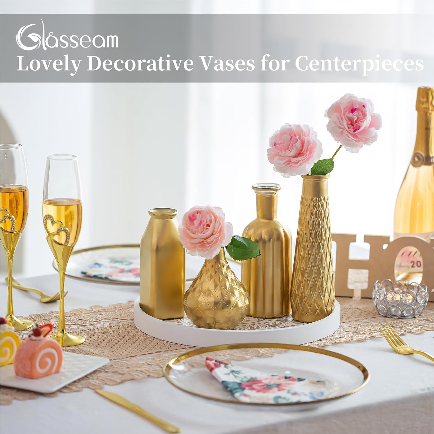 Glaciam 8-Piece Gold Glass Vase Set — Vintage Cylindrical Centerpieces