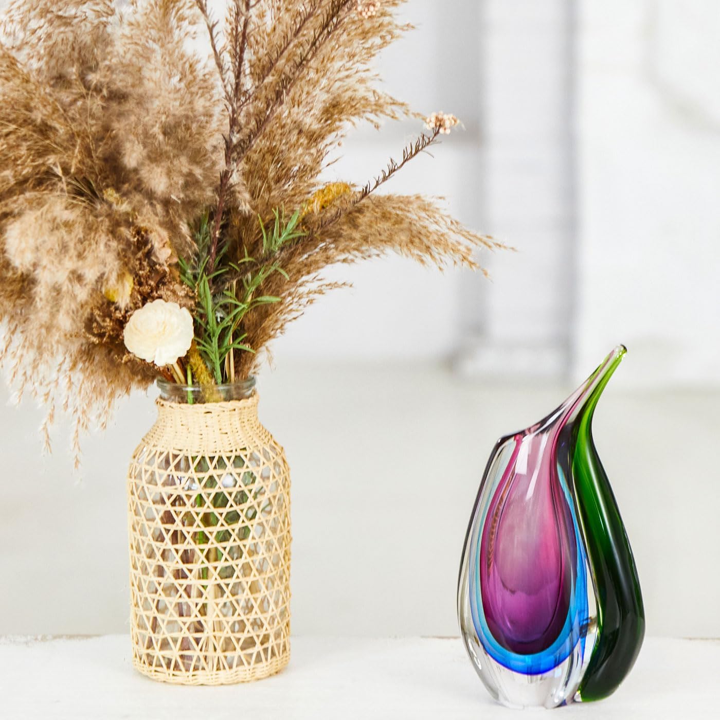 LuxuryLane Hand-Blown Sommerso Glass Vase — Teardrop Design, Multicolor, 24 cm