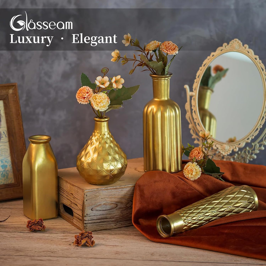 Glaciam 8-Piece Gold Glass Vase Set — Vintage Cylindrical Centerpieces