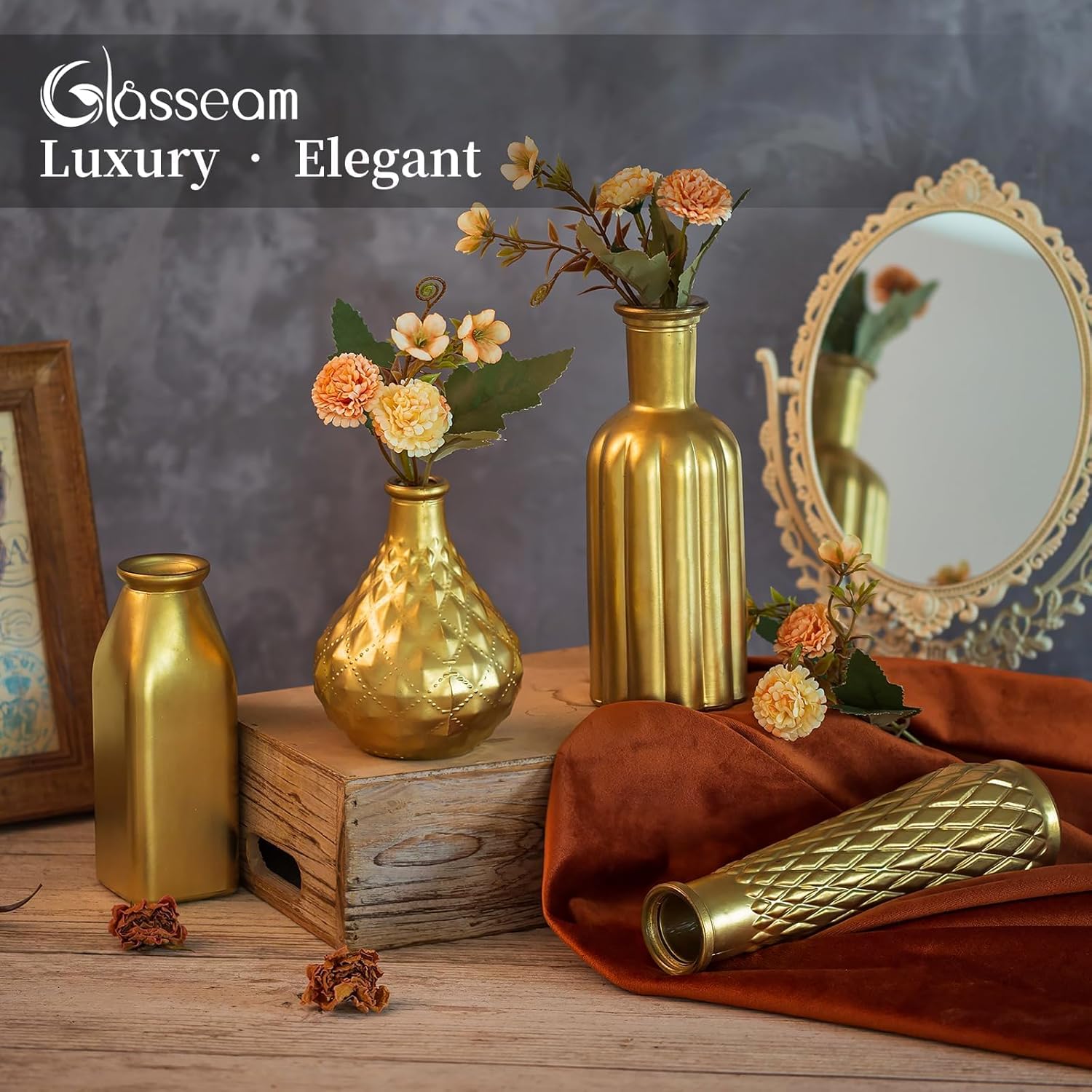 Glaciam 8-Piece Gold Glass Vase Set — Vintage Cylindrical Centerpieces