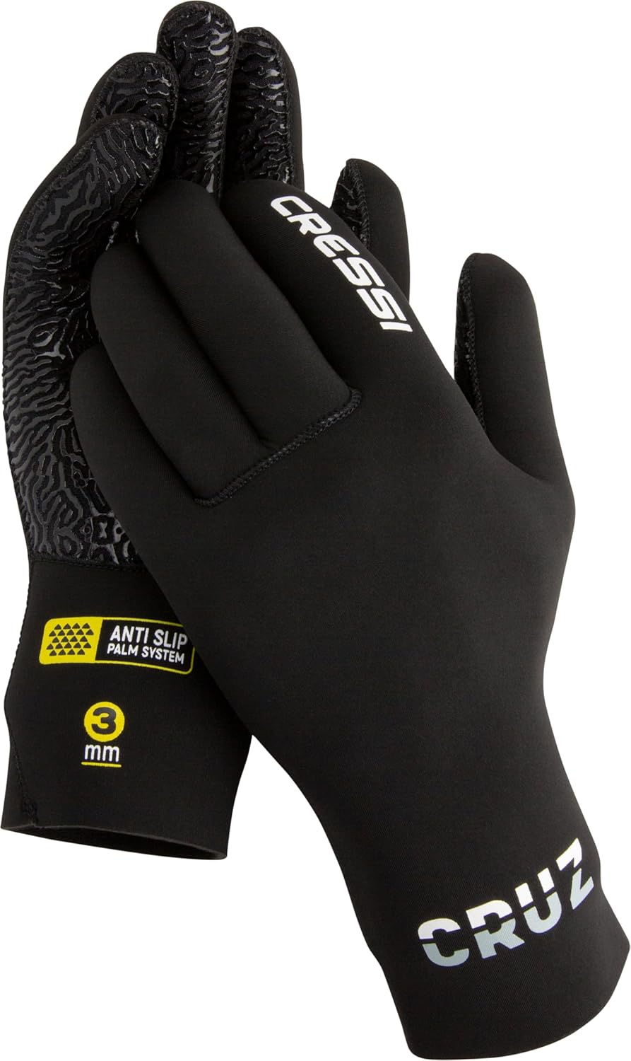 Cressi Cruz 3mm Dive Gloves — Neoprene, Black, Non-Slip Palm