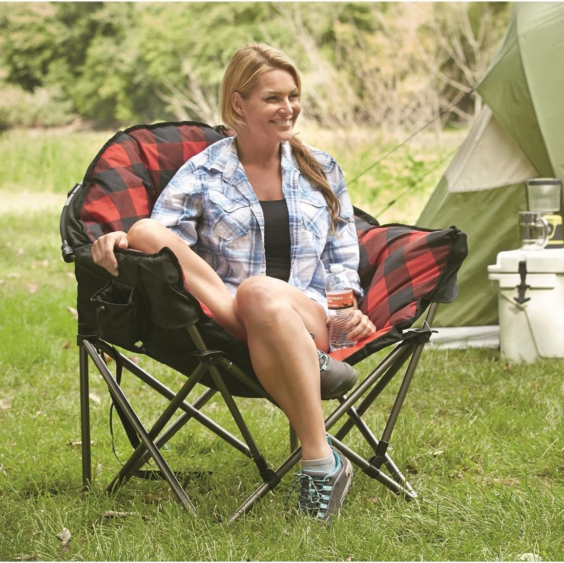 Guide Gear Oversized Club Camping Chair — Padded, Foldable, 500 lbs Capacity, Red Plaid