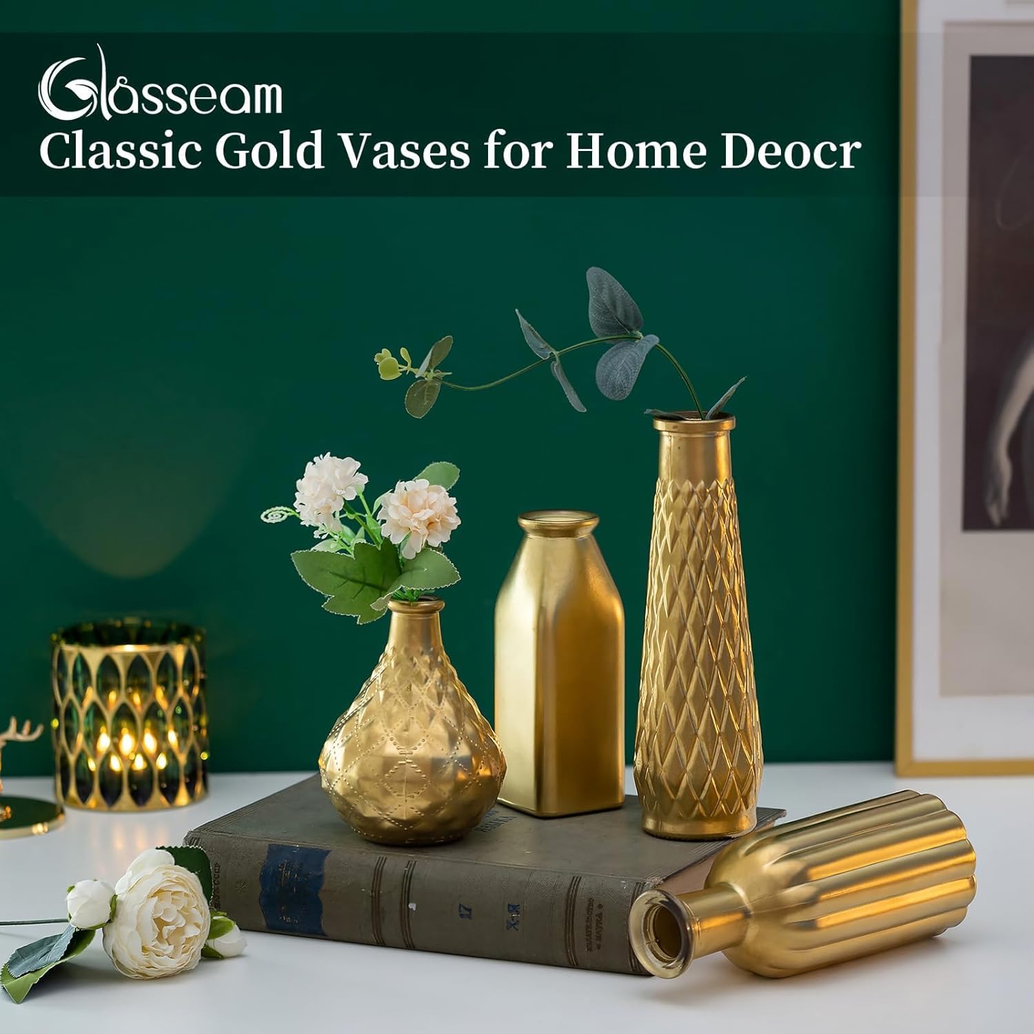 Glaciam 8-Piece Gold Glass Vase Set — Vintage Cylindrical Centerpieces