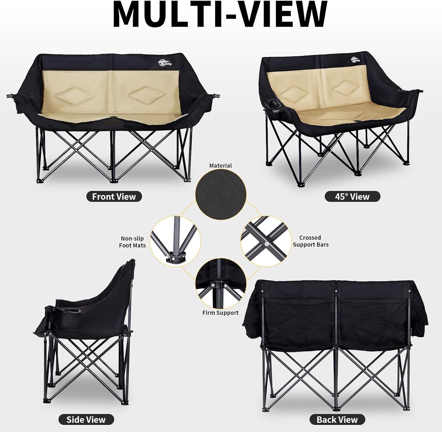2-Person Folding Camping Loveseat — Heavy Duty, Supports 650 lbs, Beige