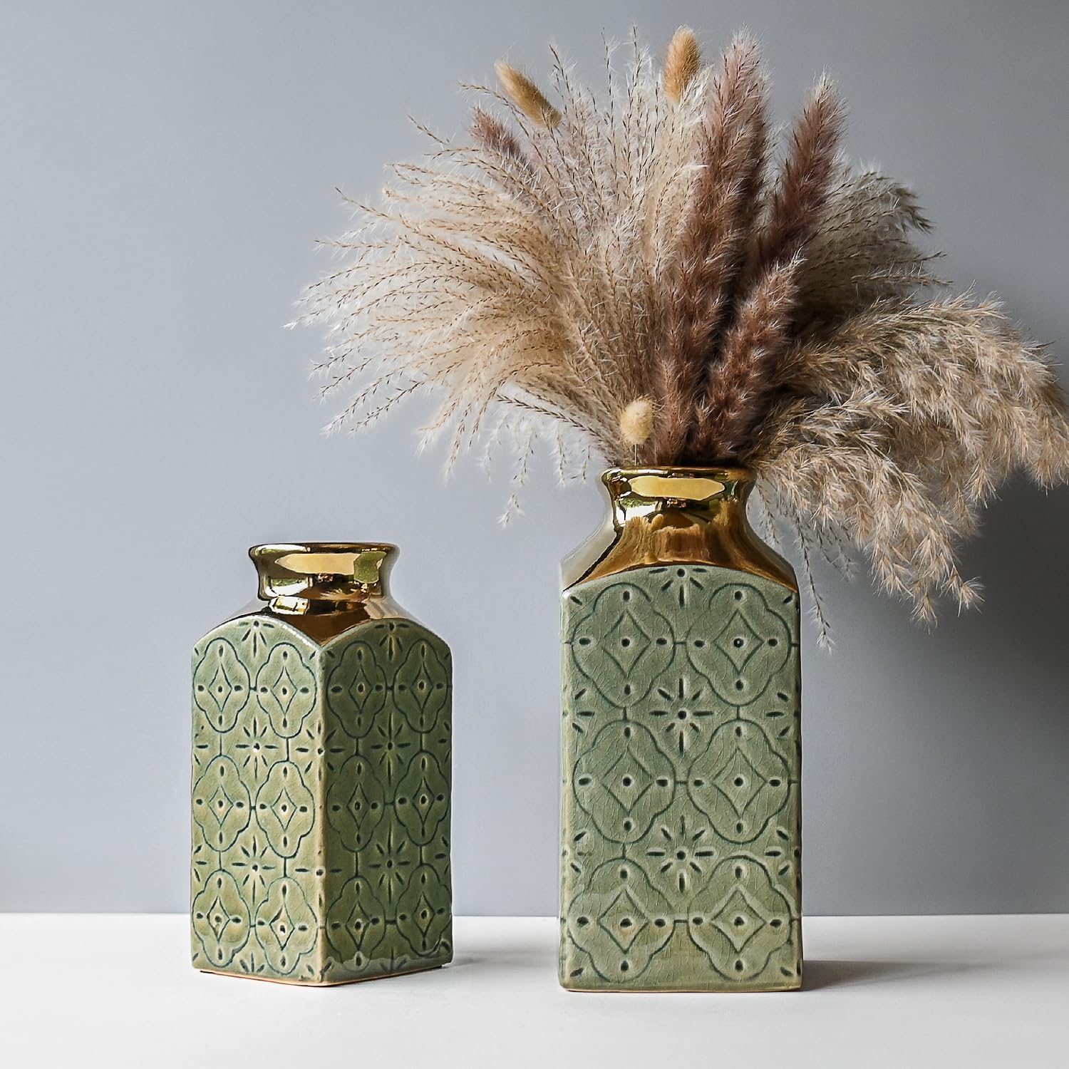 LIZOFER Ceramic Vase Set — 2 Vintage Greenish Gold Pieces, 24cm & 20cm