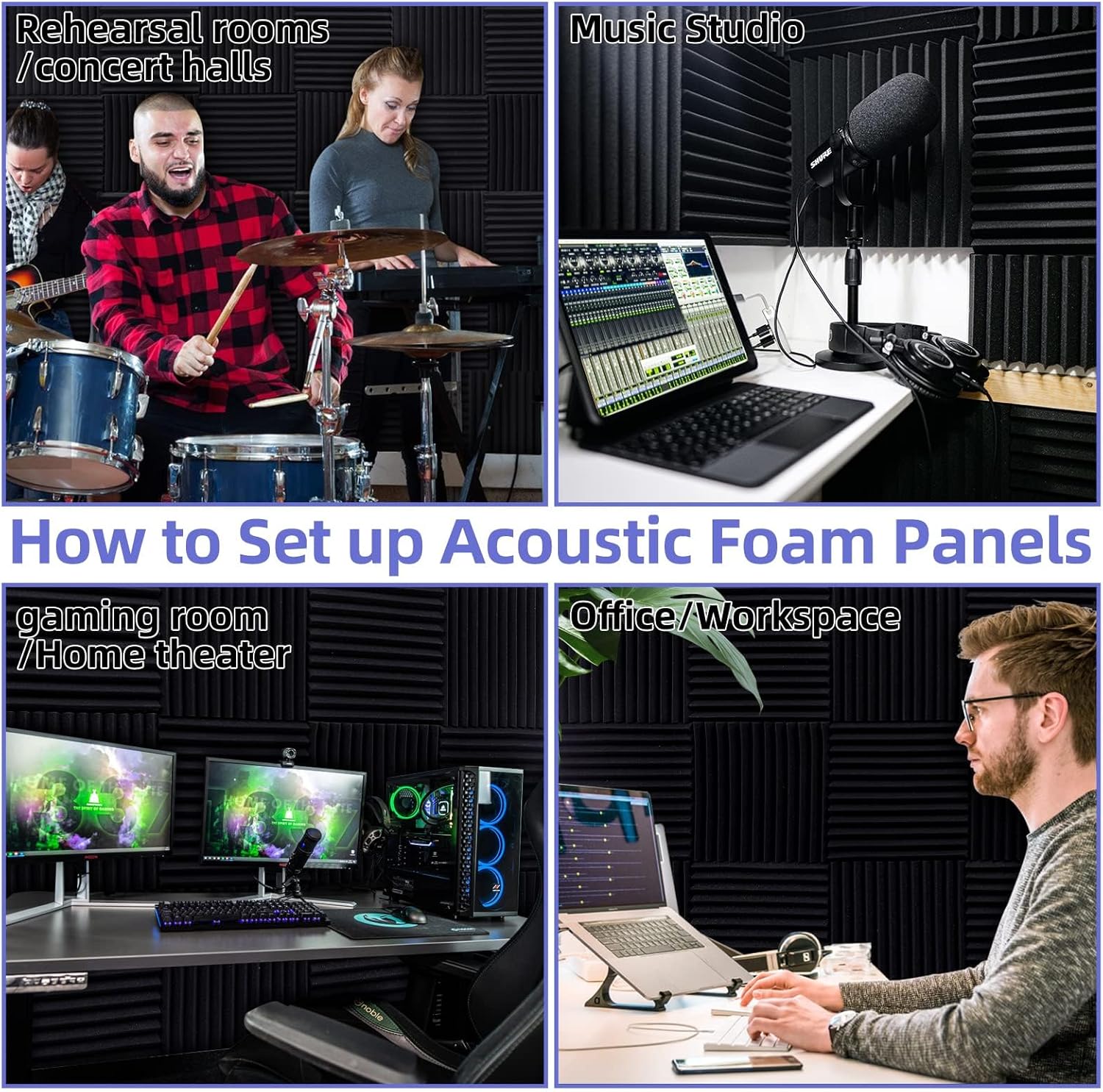 Herbter Acoustic Foam Panels — 24-Pack, Self-Adhesive, Black