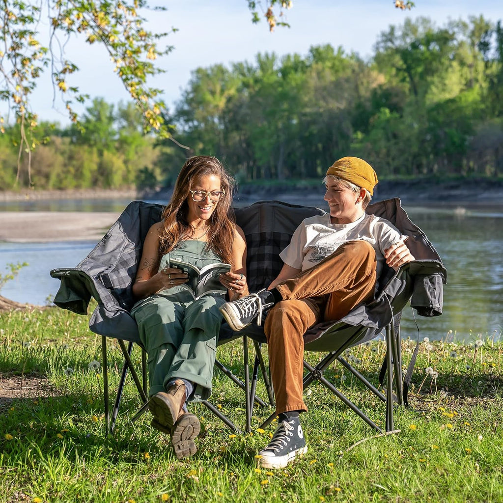 Huskvorm Double Camping Chair — Heavy Duty Padded Loveseat with Cup Holders & Carry Bag, Grey