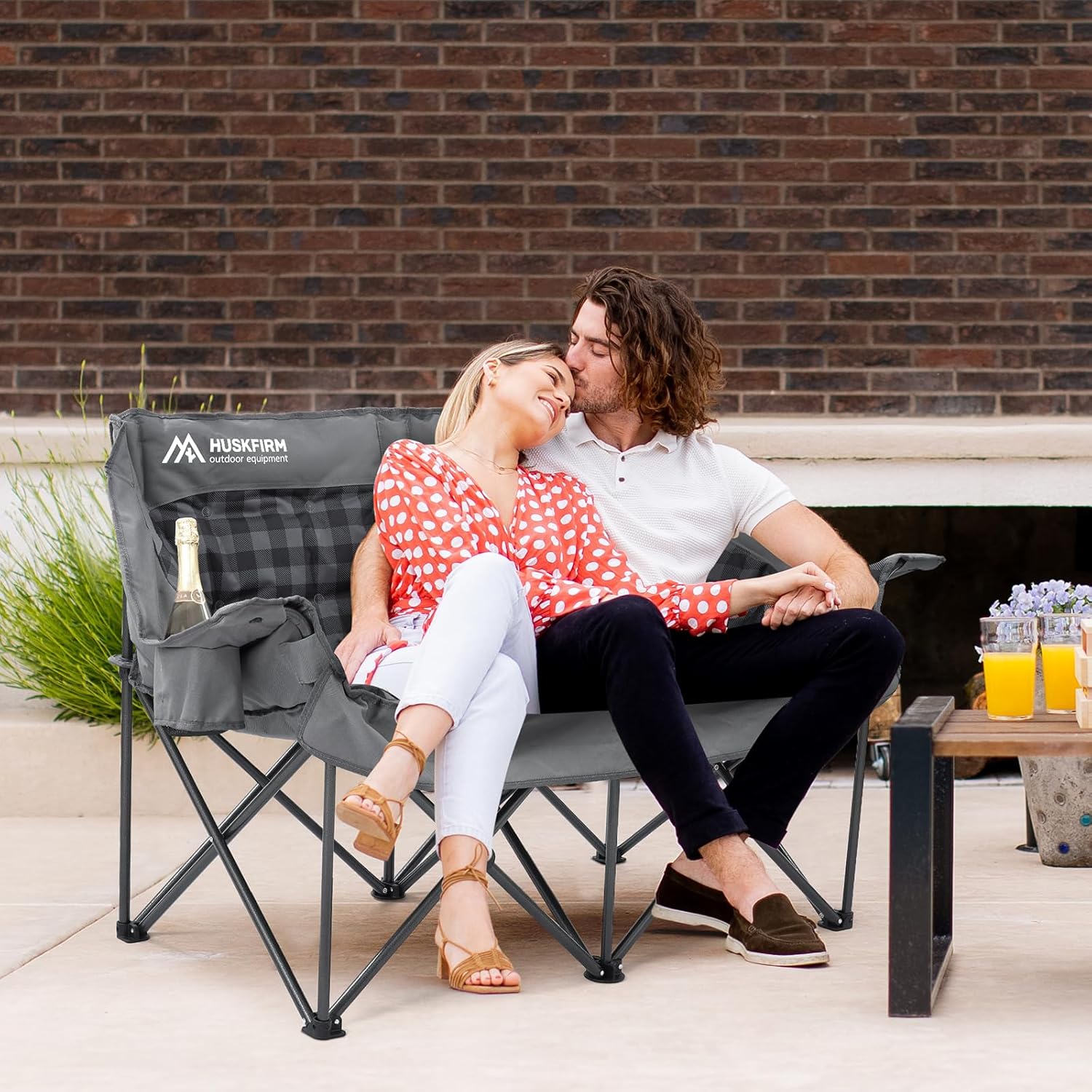 Huskvorm Double Camping Chair — Heavy Duty Padded Loveseat with Cup Holders & Carry Bag, Grey